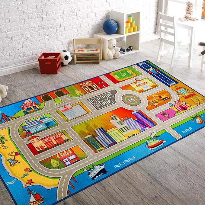 Booooom Jackson Kids Car Rug Play Mat 60x32 inches,Car Mat,Non Slip Kids Rug for Bedroom Boys Playroom,Play Carpet for Trucks,Fun Area Rug,Around City Town Carpet