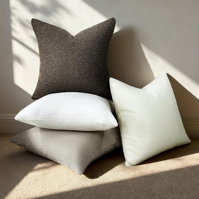 Textured Boucle Pillow Covers 18x18 Inch Set of 2, Striped Solid Pillowcases Cozy Soft Modern Accent Boho Square Decorative Throw Pillows for Couch Sofa Bed Living Room Home Decor, Beige