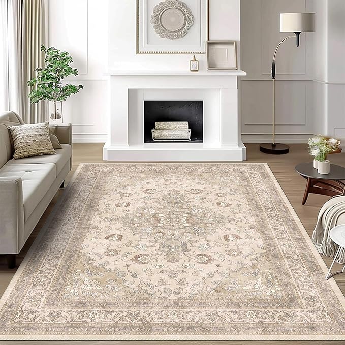 vivorug 4x6 Rug, Small Neutral Area Rug for Living Room, Bedroom, Kitchen, Machine Washable Non-Slip Throw Rug, Vintage Floral Carpet for Entryway Nursery Coffee Table - Durable (Beige)