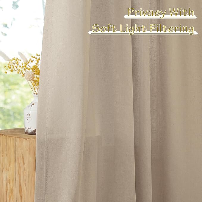 NICETOWN Thick Linen Curtains for Farmhouse 90 inches Long, Pinch Pleated Curtains Flax Linen Privacy with Light Filtering Window Treatments for Bedroom/Boys Room, Taupe, W50 x L90, 2 Panels