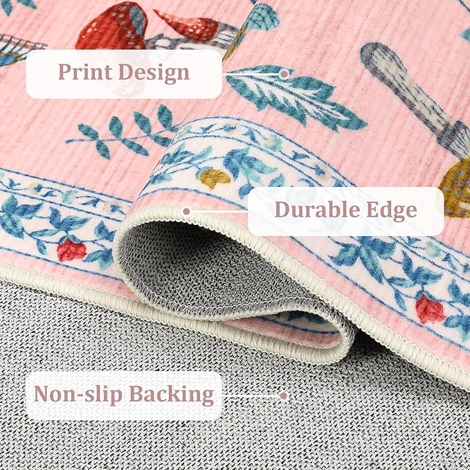 Mushroom Insect 2x6 Runner Rug for Hallway Washable Kitchen Rugs Non Slip with Rubber Back Pink Low-Pile Stain Resistant Indoor Carpet for Entryway Bathroom Laundry Dorm