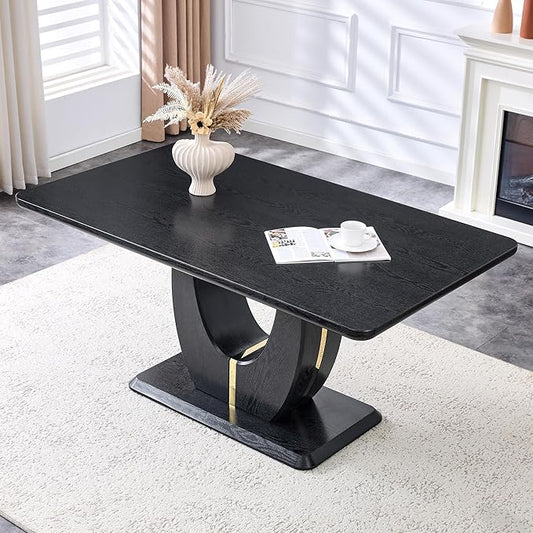 JUFU 63 Inch Modern Dining Table for 4-6, Rectangular Black Marble-Look Tabletop with U-Shaped Pedestal Base, Easy Assembly Kitchen & Dining Room Table, Easy-Clean Surface, Gloss Finish