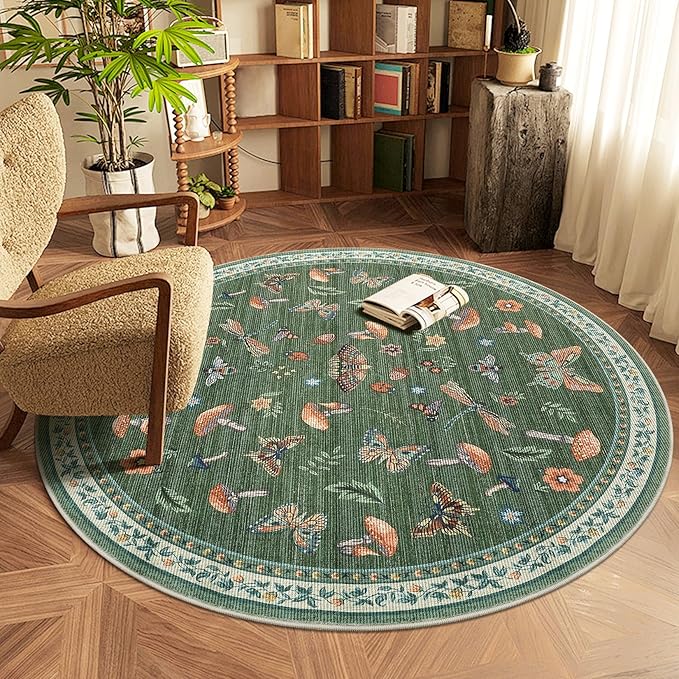 Mushroom Insect 3ft Round Rug Washable Non-Slip Soft Ultra-Thin Small Boho Circle Carpet for Entryway Kitchen Bedroom Nursery Dining Room Green