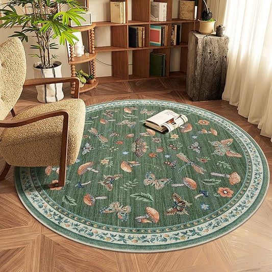 Mushroom Insect 5ft Round Rug Washable Non-Slip Soft Ultra-Thin Small Boho Circle Carpet for Entryway Kitchen Bedroom Nursery Dining Room Green