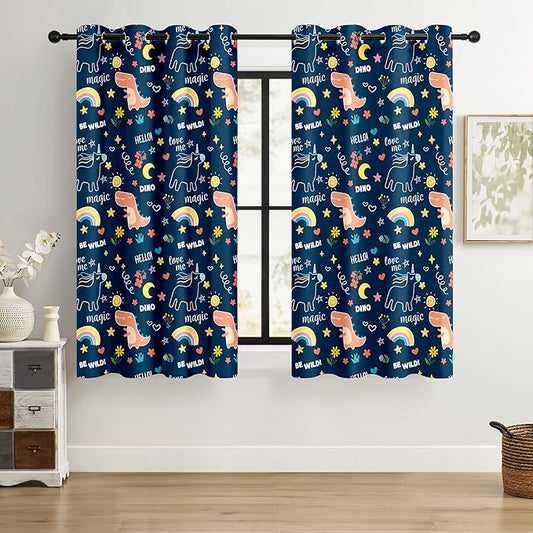 100% Blackout Curtains for Kids - Adorable Dinosaur & Unicorn Pattern, 2Panels, Each W52xL63, Thermal Insulated Noise-Reducing Drapes for Nursery, Bedroom, Playroom - Fun & Colorful Design
