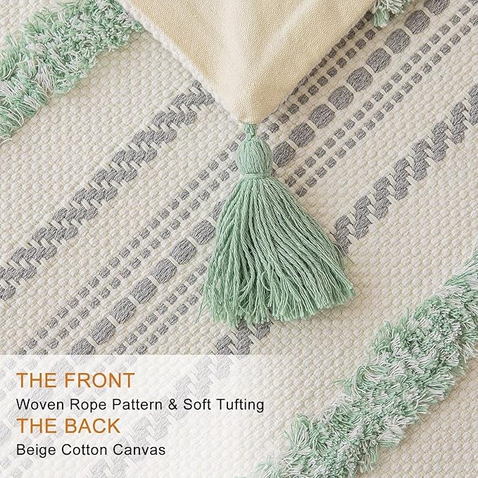 Boho Throw Pillow Covers 20x20 Set of 2 Woven Tufted Farmhouse Pillows Cover with Tassels Textured Striped Cushion Case Neutral Pillow Cases Decorative Pillowcase for Sofa, Couch, Bed, Light Green