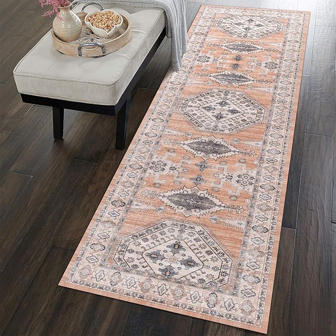 vivorug Runner Rug 2x10 Machine Washable Rug with Non-Slip Backing, Ideal for Kitchen Hallway Entryway Laundry Room - Vintage, Durable, Easy Clean, Low Pile Carpet Runner, Orange