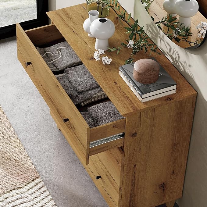 WAMPAT Dresser with 9 Drawers, Bedroom 3-in-1 Wide Wooden Chest of Drawers, Modern Long Dressers Closet Storage Organizer w/Solid Wood Legs for Living Room, Kids Room, Oak Brown,106 Inches