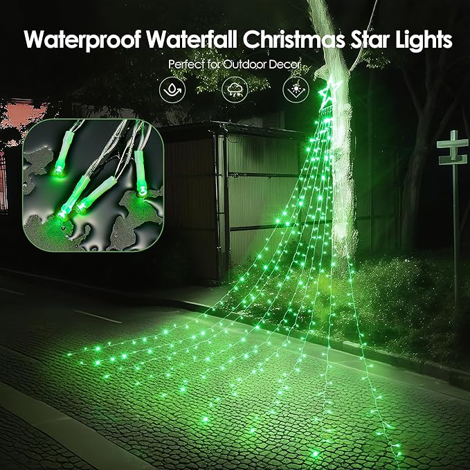 WBao 344 LED Christmas Lights Outdoor Decorations with 12" Star Topper, 11.9ft Waterfall Christmas Lights, Remote Control 8 Modes, 3 Timers, UL Listed Waterproof for Tree Roof Porch Xmas Decor, Green