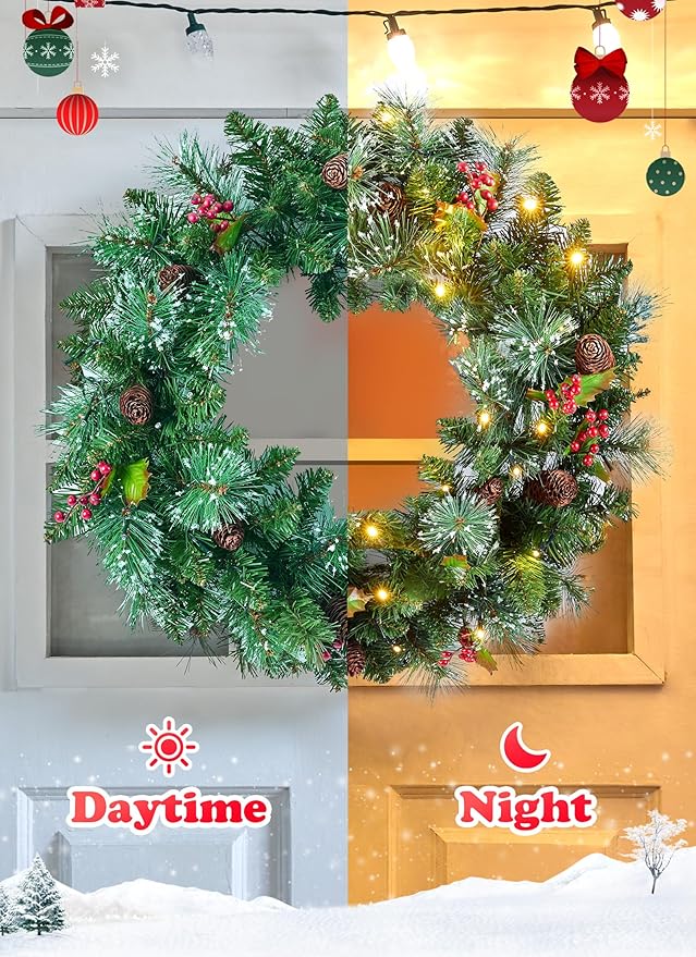 24 Inch Prelit Christmas Wreath for Front Door, Battery Operated LED Light Christmas Wreath with Pine Cones, Red Berry Clusters, Branches and Leaves, Lighted Wreath Wall Windows Decoration