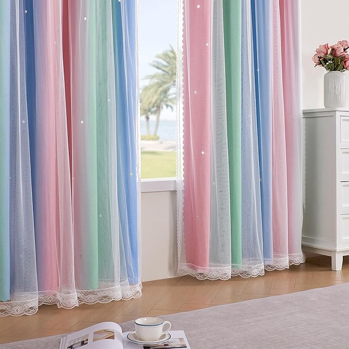 XiDi Pink & Rainbow Curtains for Kids & Girl Rooms - Blackout, Unicorn Wall Decals, Blue & Green, 34x84 Inch