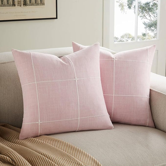2 Packs Grid Embroidery Throw Pillow Covers, 20x20 Inch Pink, Farmhouse Linen Decorative Pink Cushion Covers for Sofa Bed Living Room Home Decor