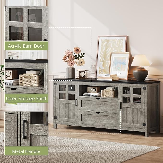 65 Inch TV Stand, Entertainment Center with Storage Cabinets, Mid Century Modern TV Console, Fits TVs up to 75" for Living Room & Bedroom (Classical Grey)