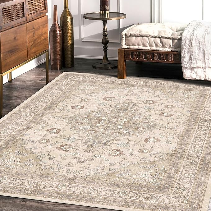 vivorug 4x6 Rug, Small Neutral Area Rug for Living Room, Bedroom, Kitchen, Machine Washable Non-Slip Throw Rug, Vintage Floral Carpet for Entryway Nursery Coffee Table - Durable (Beige)
