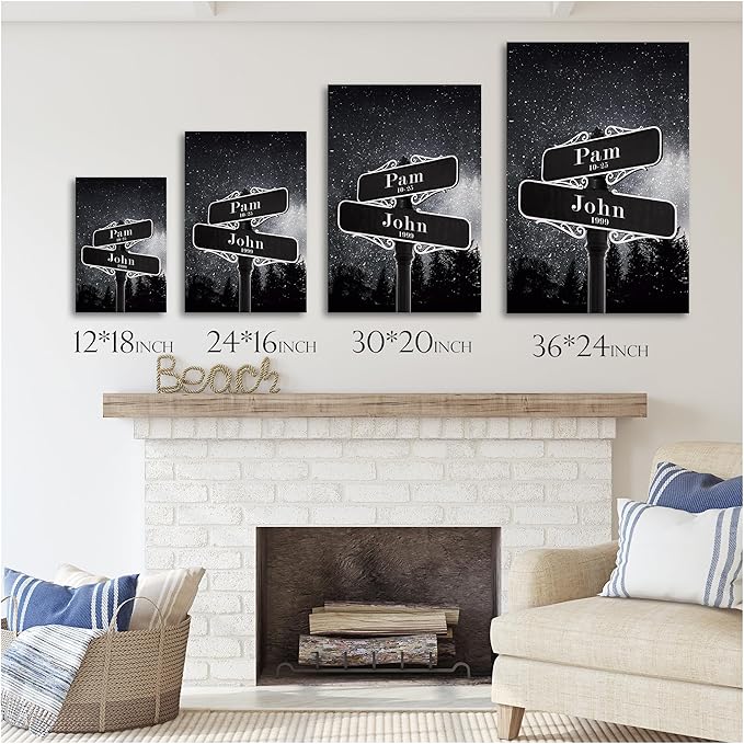 BOTTEGAARTS Lovers Crossroads Street Sign Art Unique Personalized Photo or Canvas Prints with Couple's Names and Special Date on Sign,Perfect Present for Anniversary,Wedding,Birthday,Holidays