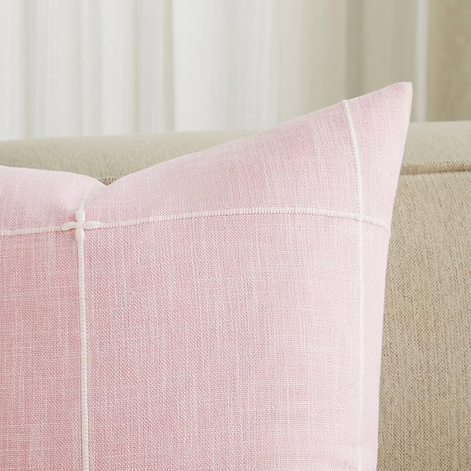 2 Packs Grid Embroidery Throw Pillow Covers, 20x20 Inch Pink, Farmhouse Linen Decorative Pink Cushion Covers for Sofa Bed Living Room Home Decor
