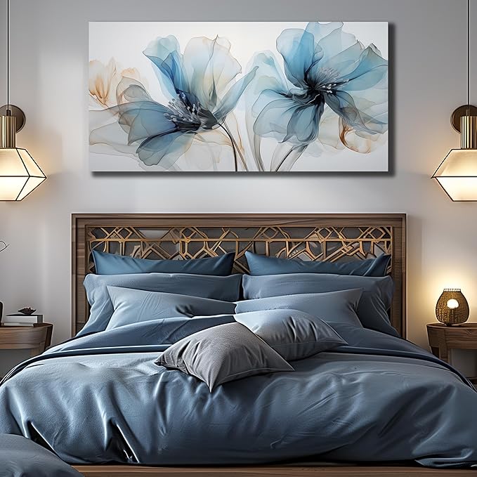 Blue Flower Wall Decor for Living Room Abstract Canvas Wall Art for Office Large Wall Pictures for Dining Room Size 29 x 58 Inch