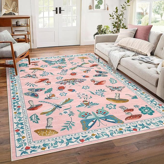 Mushroom Insect Washable Rug 5x7 Area Rugs for Bedroom Non Slip with Rubber Back Low Pile Stain Resistant Butterfly Carpet for Living Room Nursery Kitchen Dining Room Khaki Pink