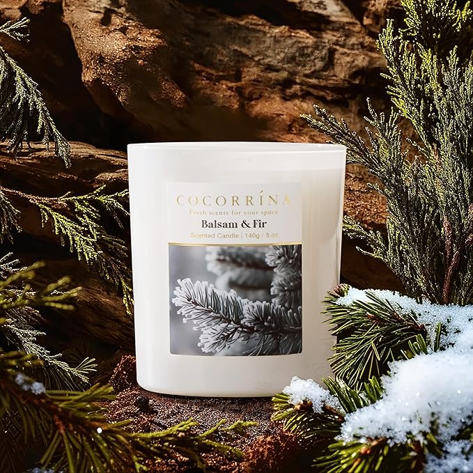 COCORRÍNA Fall Candles - Balsam & Fir 5 oz Soy Wax Scented Jar Candles for Home Scented, 31 Hours Burn Time, Aromatherapy Candle Gifts for Men Women