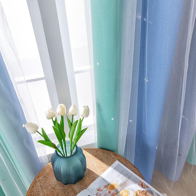 XiDi Dream Star Blackout Curtains for Kids Rooms Girl Princess Curtain for Daughter Bedroom Window (Blue Green Grey, W34 X L72)