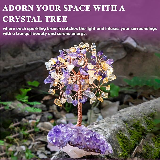 "Amethyst & Citrine Crystal Tree with Cluster Base Tree of Life Decor for Shelf, Bedroom, Birthday Gifts for Women, Sister Gift, Birthday Gifts for Mom, Cute Home Office Decor Housewarming present"