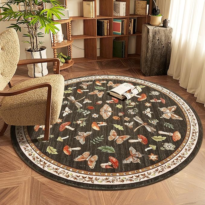 Mushroom Insect 5ft Round Rug Washable Non-Slip Soft Ultra-Thin Small Boho Circle Carpet for Entryway Kitchen Bedroom Nursery Dining Room Brown