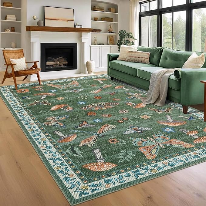 Mushroom 10x13 Area Rug for Living Room Washable Non Slip Forest Soft Low-Pile Stain Resistant Thin Large Throw Carpet for Bedroom Dining Room Office Green