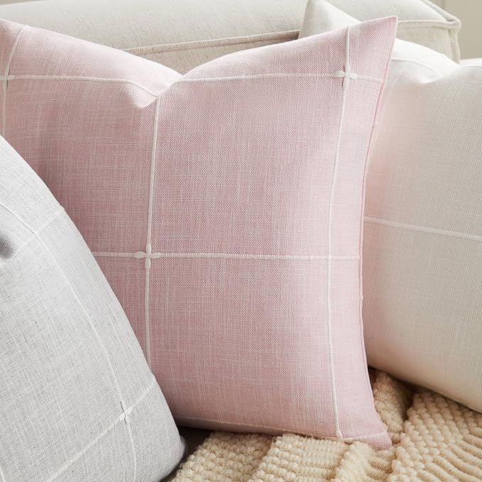 2 Packs Grid Embroidery Throw Pillow Covers, 20x20 Inch Pink, Farmhouse Linen Decorative Pink Cushion Covers for Sofa Bed Living Room Home Decor