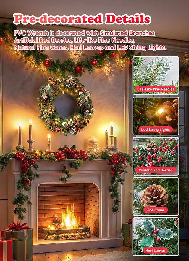 24 Inch Prelit Christmas Wreath for Front Door, Battery Operated LED Christmas Wreath with Pine Needles Branches Hari Leaves Red Berry Pine Cones, Lighted Wreath Wall Windows Decoration