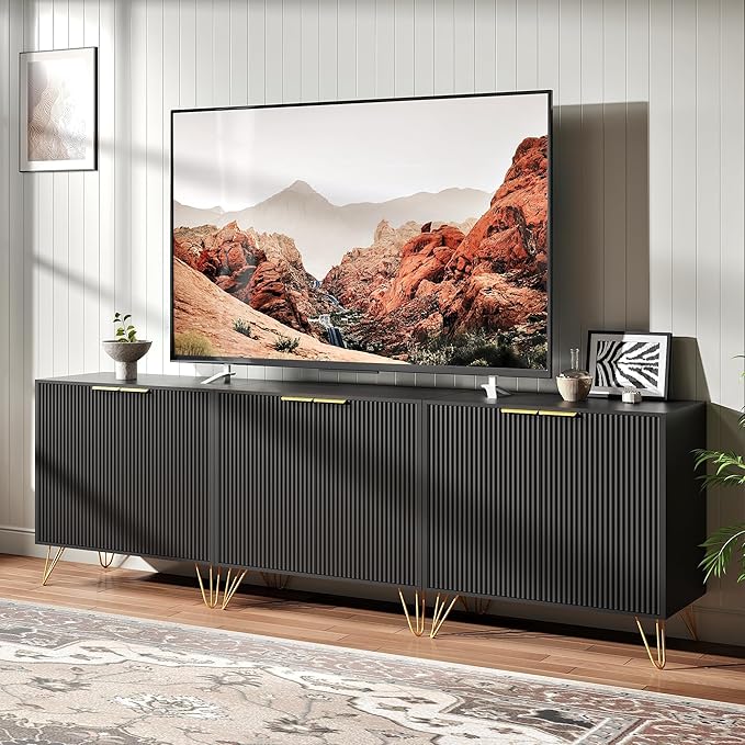 Fluted TV Stand for 90 Inch TV,Modern Black and Gold TV Stand,TV Console Entertainment Center with 3 Storage Cabinets,Adjustable Shelves & Gold Handles,Wood Media Cabinet for Living Room