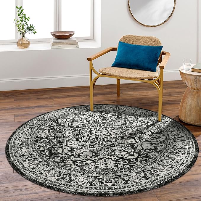 vivorug Round Rug 5ft Vintage-Inspired Round Area Rug Non-Slip Indoor Carpet for Living Room Bedroom Entryway, Stain Resistant Home Decor Circle Rug, Black and White