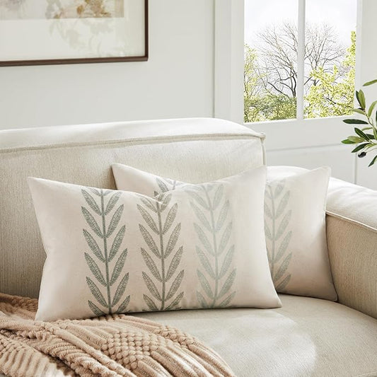 100% Cotton Farmhouse Leaves Lumbar Throw Pillow Covers Set of 2, 12x20 Inch Mixed Green Pastoral Decorative Print Cushion Covers for Sofa Bed Living Room Home Decor