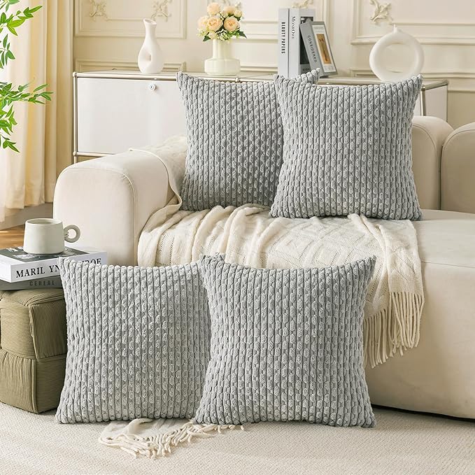 Set of 4 Grey Decorative Throw Pillow Covers 20x20 Inch Corduroy Pillow Covers for Bed Couch Sofa Living Room Soft Square Cushion Cases