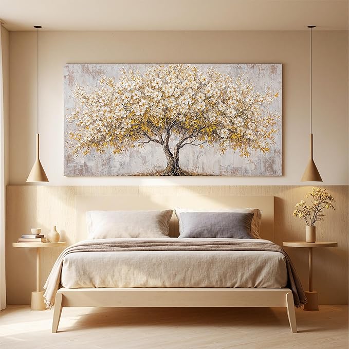 Canvas Wall Art Decor Gold Tree Of Life Oversized Wall Art For Living Room Pictures Wall Art Decor White Vintage Wall Art Prints Decorative Painting Artwork For Bedroom Office Room Wall Decor 29×58 In
