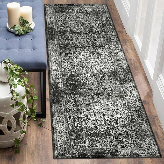 vivorug Black Runner Rug 2x10 Machine Washable Rug with Non-Slip Backing, Ideal for Kitchen Hallway Entryway Laundry Room - Vintage, Durable, Easy Clean, Low Pile Carpet Runner