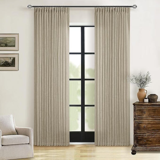 80 Inches Long Light Khaki Linen Curtains for Living Room Pinch Pleat Hooks for Living Room Back Tab Thick Linen Textured Pleated Drapes Light Filtering Taupe Bedroom Window Curtains 80 Inch Length