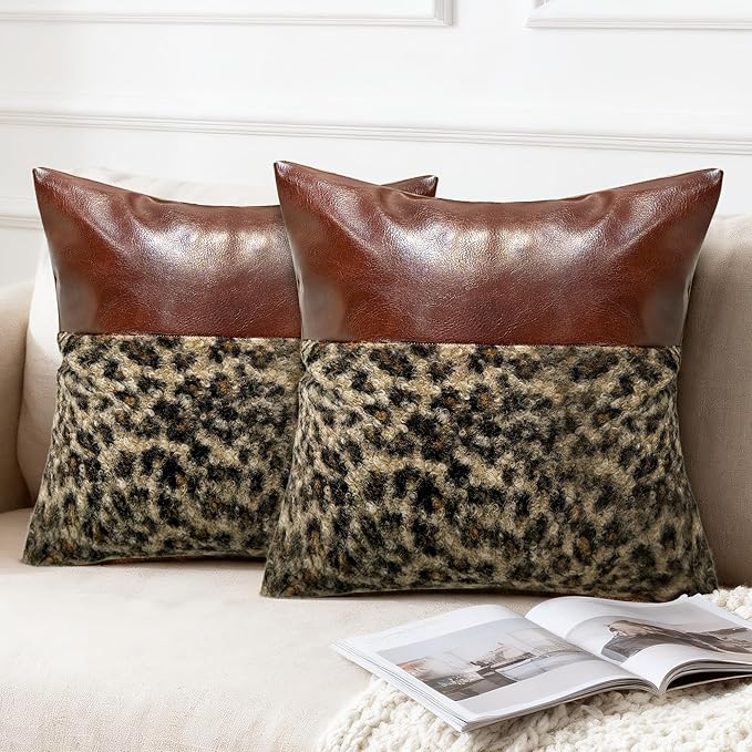 Cheetah Pillow Covers 18x18 Set of 2, Brown Faux Leather & Leopard Print Boucle Accent Throw Pillow Cover, Decorative Farmhouse Pillowcases Cushion Cover Couch Sofa Bed Livingroom Home Decor