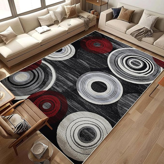 Geometric Area Rug Washable Modern 9x12 Red Black White Rugs for Living Room Bedroom Circle Geometric Soft Non Slip Floor Large Carpet for Entryway Bathroom Office
