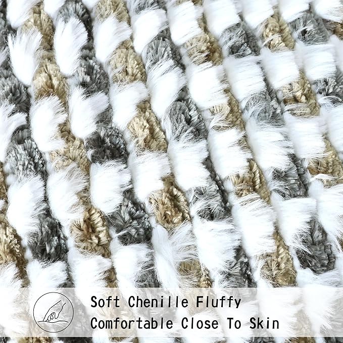 Boho Chenille Tufted Pillow Cover 24x24 Inch Set of 1, Farmhouse Striped Decorative Pillow Covers Accent Fluffy Neutral Square Pillowcases for Couch Sofa Bedroom Living Room, Brown Gray