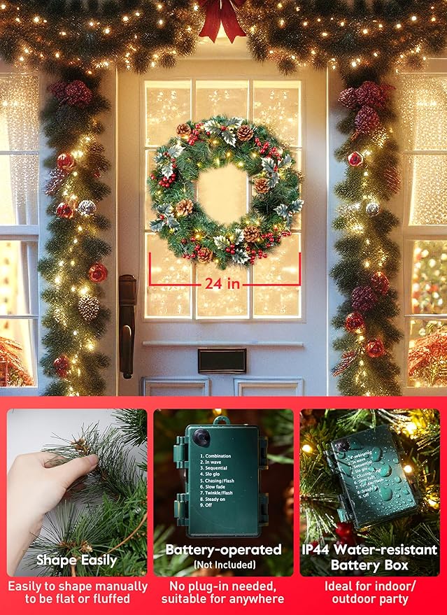 24 Inch Prelit Christmas Wreath for Front Door, Battery Operated LED Christmas Wreath with Pine Needles Branches Hari Leaves Red Berry Pine Cones, Lighted Wreath Wall Windows Decoration