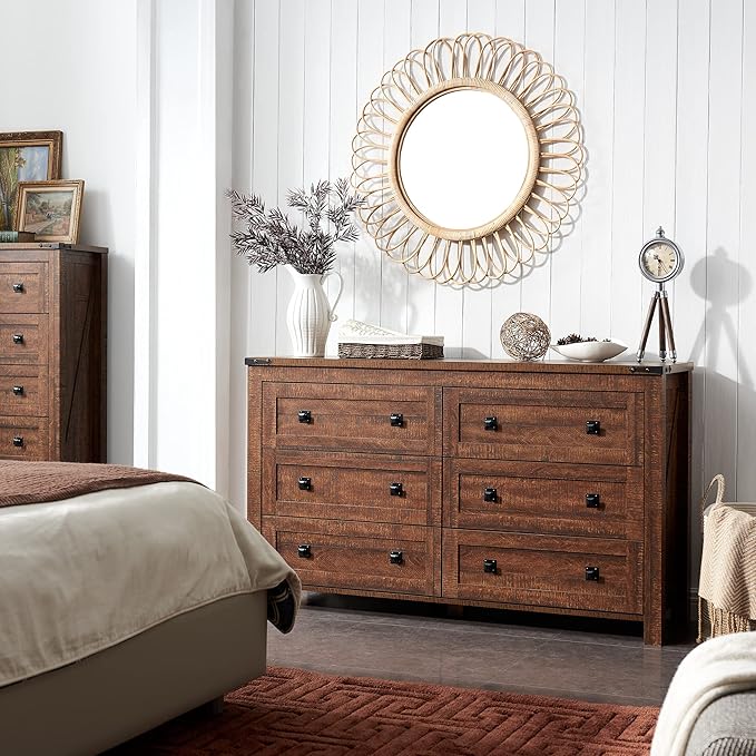 T4TREAM Farmhouse 6 Drawers Dresser for Bedroom, Wood Rustic Wide Chest of Drawers, Storage Dressers Organizer for Bedroom, Living Room, Hallway, Reclaimed Barnwood Color