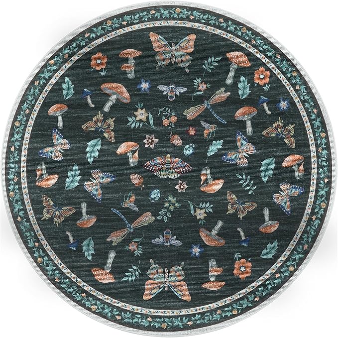 Mushroom Insect 4ft Round Rug Washable Non-Slip Soft Ultra-Thin Small Boho Circle Carpet for Entryway Kitchen Bedroom Nursery Dining Room Black