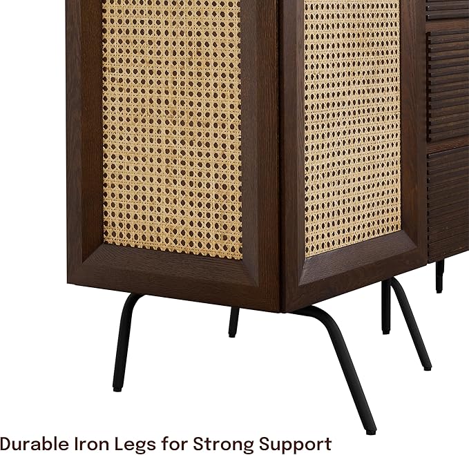 NTC MOSSIC Sideboard with 2 Doors and 3 Drawers, Buffet Cabinet with Natural Rattan and Metal Legs, Modern Storage Cabinet for Living Room, and Hallway, Effortless Assembly - Dark Walnut