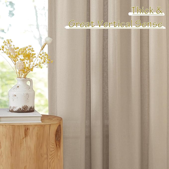 NICETOWN Thick Linen Curtains for Farmhouse 90 inches Long, Pinch Pleated Curtains Flax Linen Privacy with Light Filtering Window Treatments for Bedroom/Boys Room, Taupe, W50 x L90, 2 Panels