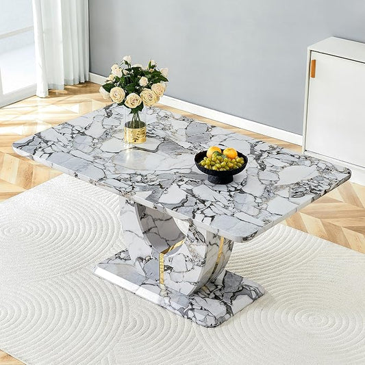 JUFU 63" Faux Marble Dining Table for 6, Rectangular Black Marble-Look MDF Tabletop, U-Shaped Pedestal Base, Easy Assembly Kitchen & Dining Room Table