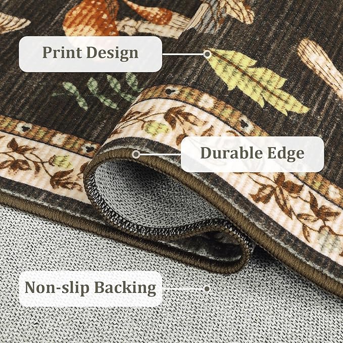 Mushroom Washable Rug 9x12 Area Rugs for Living Room, Insect Print Rug for Bedroom, Non Slip Throw Rugs with Rubber Back, Soft Low Pile Dining Room Under Table, Brown