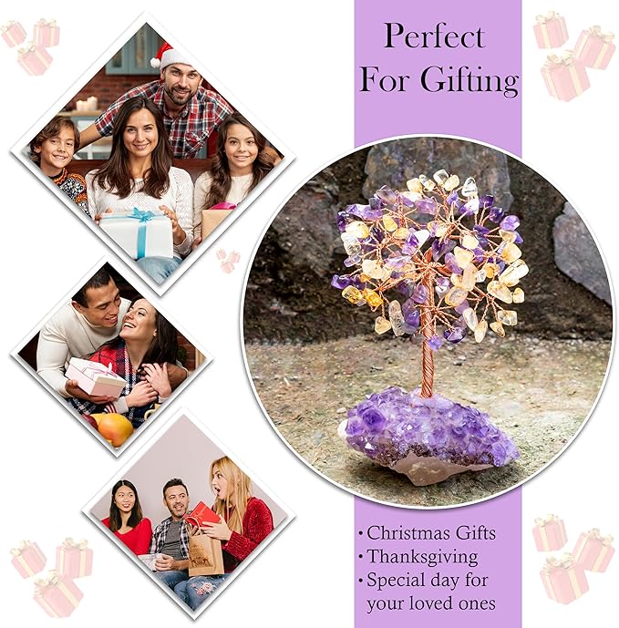 "Amethyst & Citrine Crystal Tree with Cluster Base Tree of Life Decor for Shelf, Bedroom, Birthday Gifts for Women, Sister Gift, Birthday Gifts for Mom, Cute Home Office Decor Housewarming present"