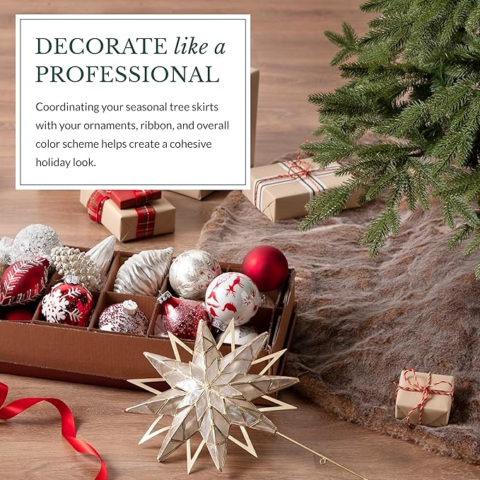 Balsam Hill Lodge Faux Fur Christmas Tree Skirt - Premium Rustic and Luxurious Fur Accents in Brown and Ivory for Tree Decor, Brown, 72"