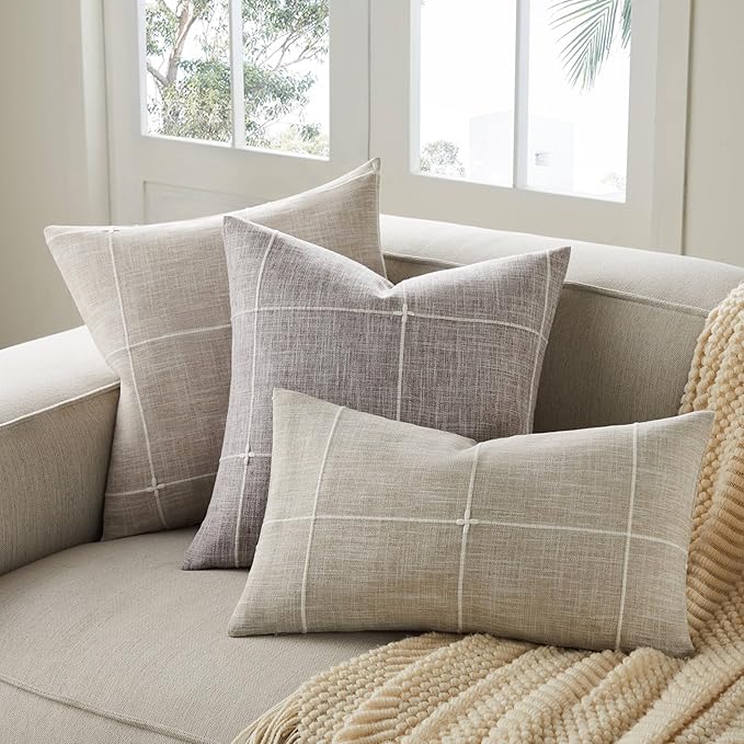 2 Packs Grid Embroidery Throw Pillow Covers, 20x20 Inch Taupe, Farmhouse Linen Decorative Light Brown Cushion Covers for Sofa Bed Living Room Home Decor