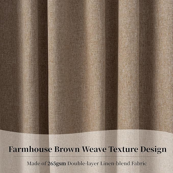 100% Blackout Brown Linen Curtains 90 Inches Long for Bedroom, Hook Belt Back Tab Farmhouse Tan Curtains Light Blocking Noise Reducing for Living Room Office, Rustic Privacy Draperies(52x90, 2 PCs）